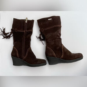 Pajar Brown Suede Mid-Calf Wedge Boots with Tassels – Size 40 US 9–9.5 shoes